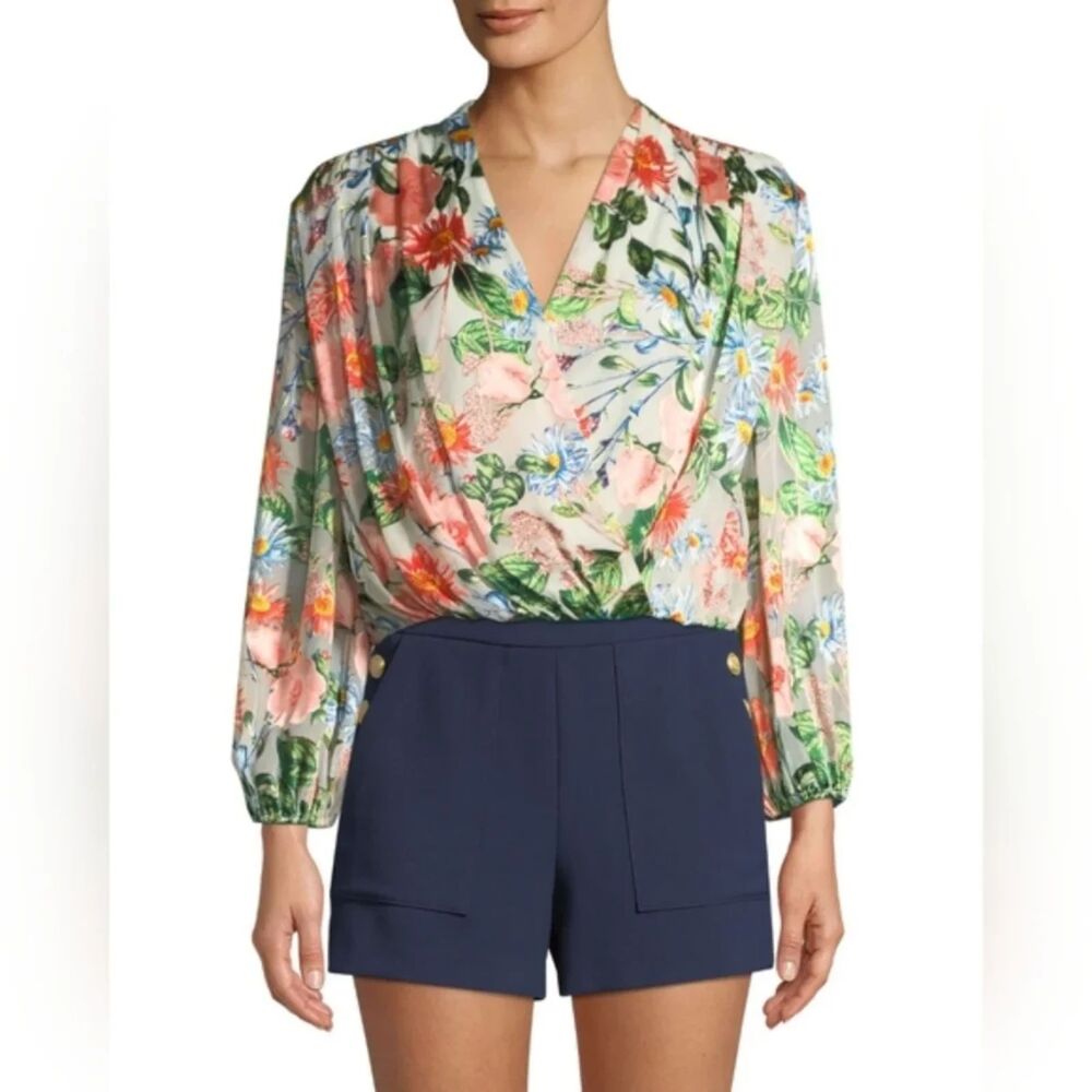 Alice + Olivia Silk Trista Floral Burnout Cross Over Top Size Medium